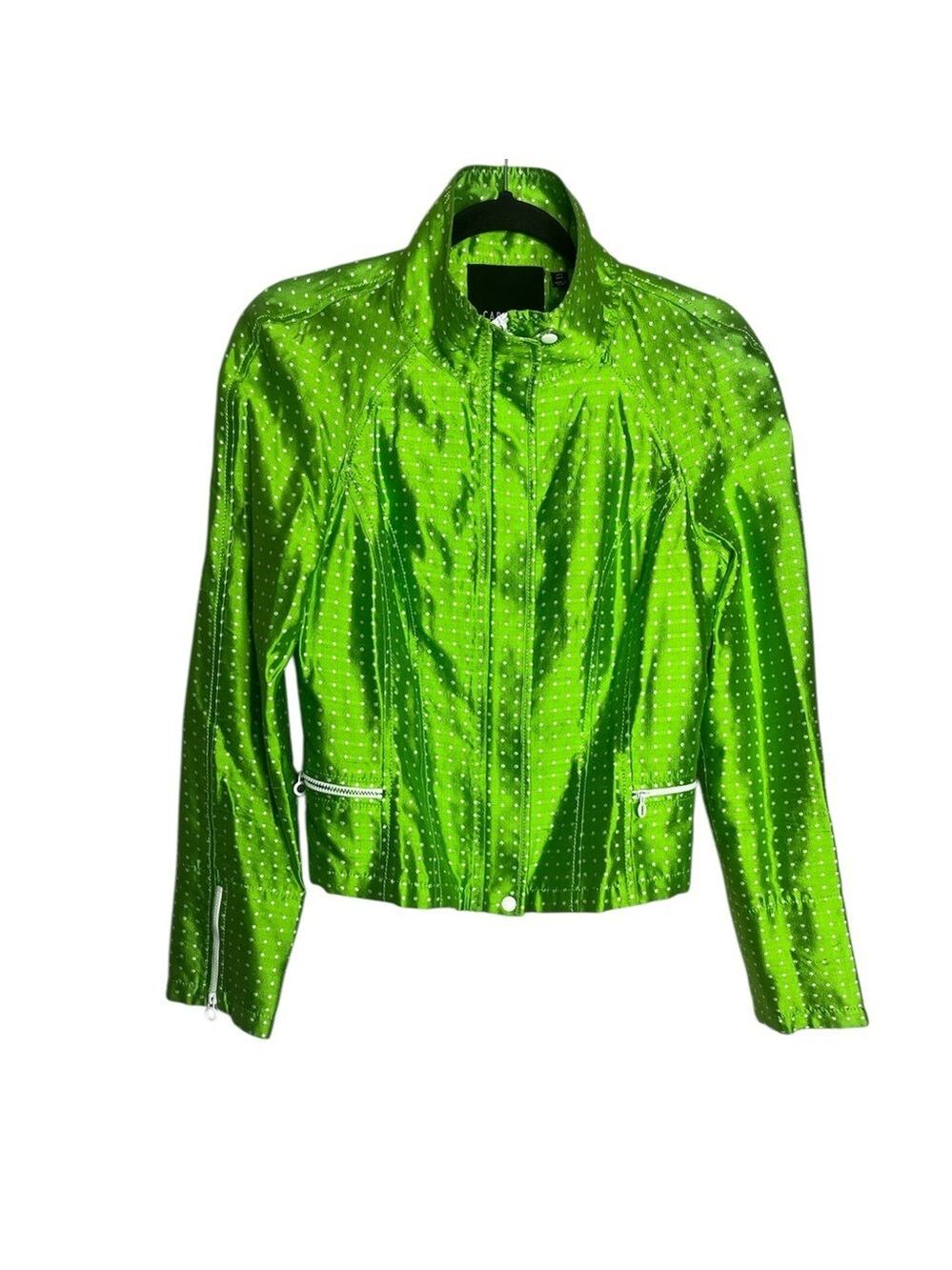 Carlisle 100% Silk Marsh Zip Front Cropped Lime Green Polka Dot Jacket, Size 2